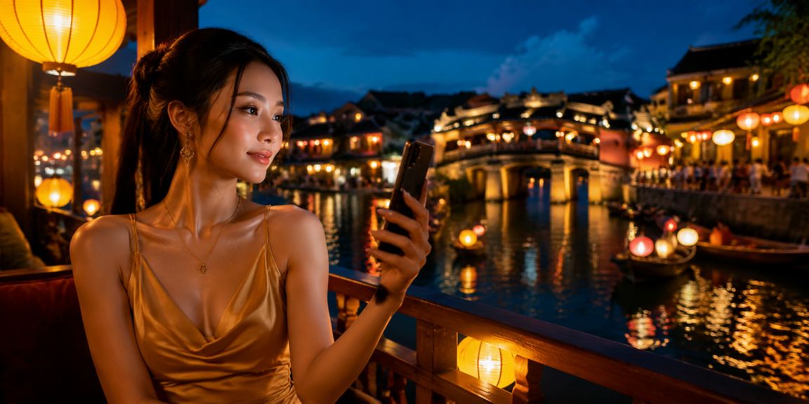 Người dùng xem lại điều khoản sử dụng nền tảng cá cược trực tuyến 1011 trên điện thoại di động tại Hội An về đêm